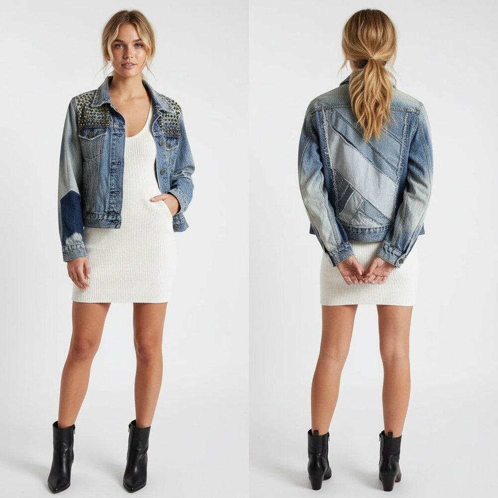 Free People : Brass-tone Studded Patchwork Distressed Boho Denim Jacket : XS